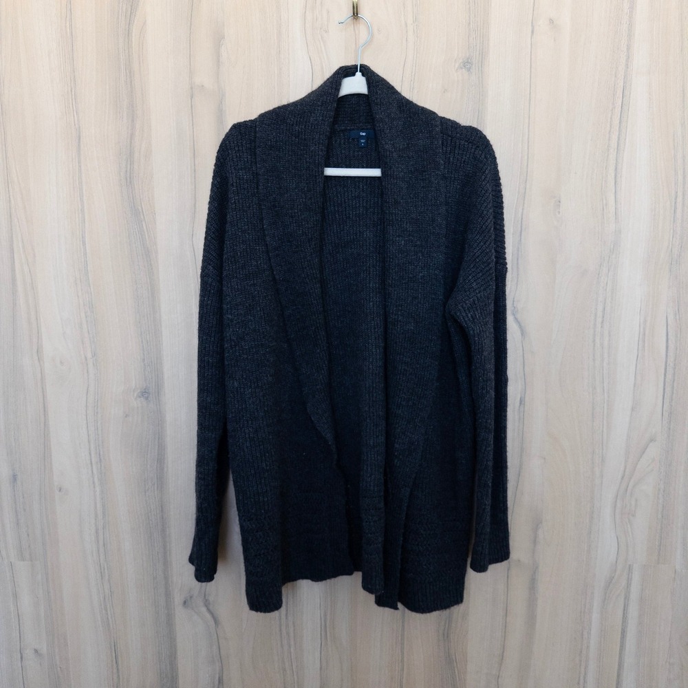 Gap Wool Blend Shawl Collar Cardigan L Charcoal Open Front Academia Minimal Cozy